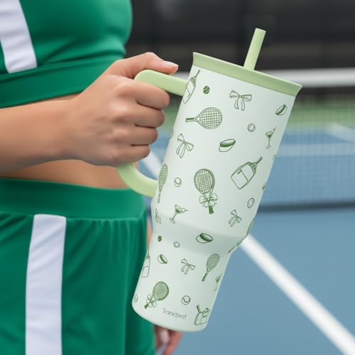 SANDJEST Tennis 40oz Tumbler With Handle and Straw, Insulated Stainless Steel Travel Coffee Mug for Women Girls Tennis Players, Gift Idea for Birthday Christmas Mothers Day - color: Tennis