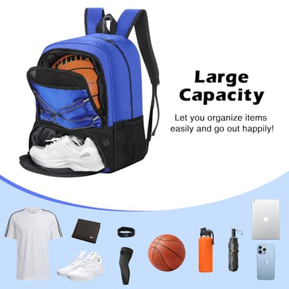 MoKo Basketball Bag Backpack, Soccer Backpack for Men & Women with Separate Ball and Shoes Compartments, Water-Resistant, Fence Hook, Sports Bag for Clothes, Shoes, Tablets, Laptops, Blue - color: Blue