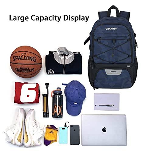 GRANDUP Basketball backpack with ball and shoes compartment Fit Volleyball, soccer, Swim, Gym, Travel, and School, large capacity sports training equipment bags - color: blue indigo