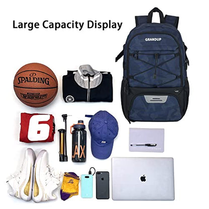 GRANDUP Basketball backpack with ball and shoes compartment Fit Volleyball, soccer, Swim, Gym, Travel, and School, large capacity sports training equipment bags - color: blue indigo