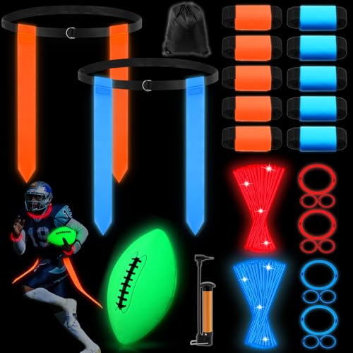 Libima Glow in the Dark Capture the Flag Game Sets, 10 Glow in the Dark Adjustable Flag Football Belts 1 Size 9 Luminous Football 50 Luminous Sticks 1 Storage Bag Outdoor Games for Kid Teen Day Night