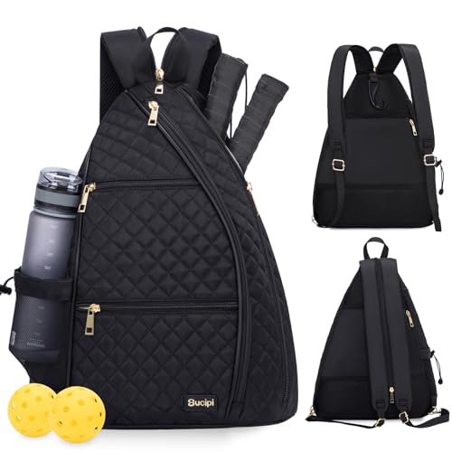 Women's Pickleball Backpack - Quilted Crossbody Sling Bag for Tennis & Pickleball Paddle - color: Black, size: Medium