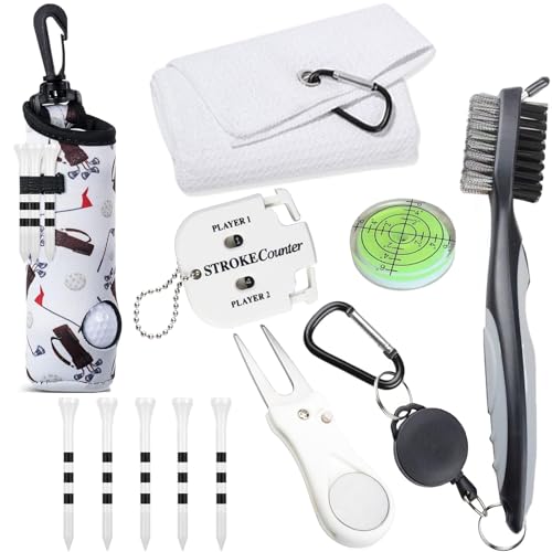 11 Pcs Golf Accessories Kit, Include Golf Ball Bag with Hook Tees Towel Cleaner Brush Ball Marker Divot Tool Score Counter - color: White