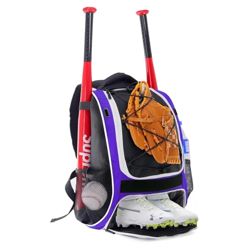 WOLT Youth Baseball Bag - Bat Backpack for Baseball, T-Ball & Softball Equipment & Gear, Bat & Glove Holder, Large Main Compartment for Helmet & accessories, Separate Shoes Compartment, Fence Hook - color: purple