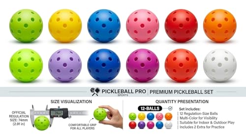 Pickleball Balls,pickleballs,12 Pack Outdoor Pickleball Balls,Bright Multi Colors 40 Hole Durable Plastic picklebaal Game,Training & Tournament Play.