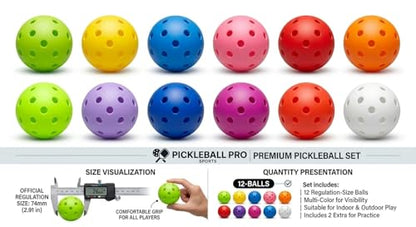 Pickleball Balls,pickleballs,12 Pack Outdoor Pickleball Balls,Bright Multi Colors 40 Hole Durable Plastic picklebaal Game,Training & Tournament Play.