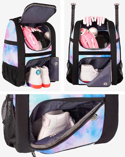 MATEIN Softball Bag, Lightweight Baseball Backpack with Shoe Compartment, Baseball Bag with Fence Hook for TBall Bat & Equipment, Softball Gifts Catchers Backpack for Women Fit Catcher’s Mitt, Helmet - color: Tie-dye - Large