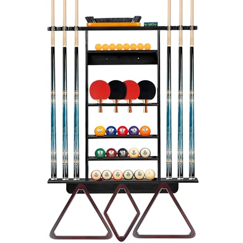 Billmart Wall Mount Pool Stick Holder, 2-in-1 Pool Stick & Ping Pong Paddle Holder, Solid Wood Cue Rack with Storage for Pool Table Accessories, Black - color: 2-IN-1-Black