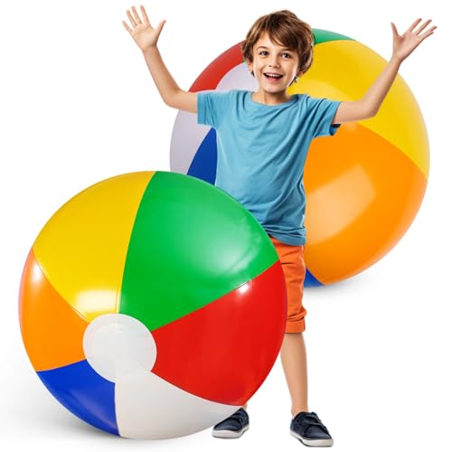 FUTUREPLUSX 2 Pack Jumbo Beach Balls, 33.5 Inch Inflated Large Rainbow Inflatable Ball for Summer Swimming Pool Parties, Outdoor Beach Games, Birthday Party Decorations for Kids and Adults