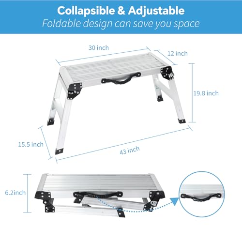 LEADALLWAY Aluminum Work Platform Step Ladder with Handle Heavy Duty Foldable Step Stool 330 Lbs Capacity Silver
