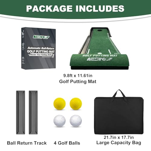 Golf Putting Mat Set with Putting Green & 4 Golf Balls – 9.8 ft Training Aid Mat with Ball Return for Indoor & Backyard Practice – Great Gift for Golfers and Beginners
