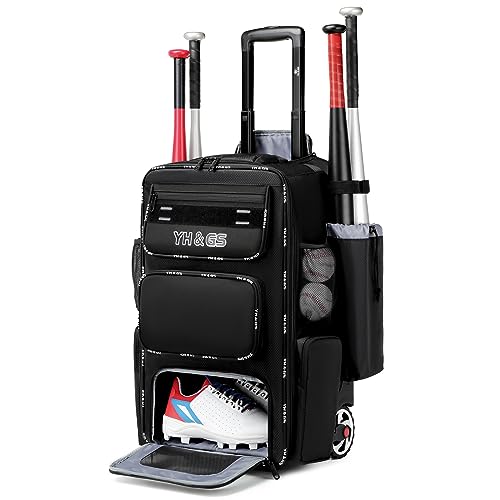 Rolling Baseball Bag,Wheeled Softball Bag with Fence Hook for TBall Bat & Equipment,Lightweight Baseball Bat with Shoe Compartment - color: Black