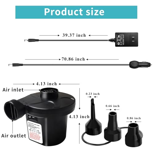 Air Pump for Inflatables - Electric Air Mattress Pump with 3 Nozzles, Portable Quick-Fill Inflator Air Pump for Inflatable Boat, Air Mattress Beds, Swimming Ring, Compatible with Home and Car Adapter