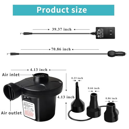 Air Pump for Inflatables - Electric Air Mattress Pump with 3 Nozzles, Portable Quick-Fill Inflator Air Pump for Inflatable Boat, Air Mattress Beds, Swimming Ring, Compatible with Home and Car Adapter