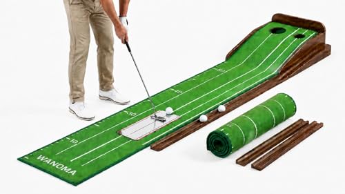 Premium Wood Golf Putting Green Indoor- 10-11 Stimp Speed True Roll Mat-Auto Ball Return, Dual Precision Holes, Alignment Mirror & 2 Balls-Professional Indoor Putting Trainer for Home & Office