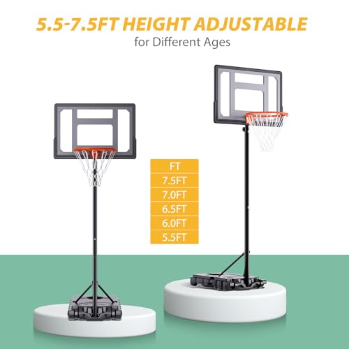 AWII SPORT Basketball Hoop Outdoor Adjustable Height 5.5-7.5FT, Portable Basketball Hoop Goals System with 32 Inch Shatterproof Backboard for Kids Youth Play in Backyard/Courts/Outdoor