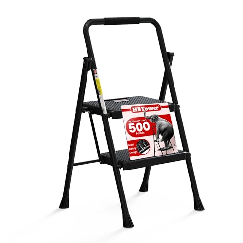 HBTower Step Ladder, Folding Step Stool with Wide Anti-Slip Pedal, Sturdy Steel Ladder, Convenient Handrail, Lightweight, Portable Steel Step Stool - color: Black, size: 2 Step Ladder