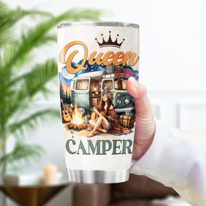 Queen of the Camper Gift 20oz Stainless Steel Tumbler, Insulated Coffee Travel Mug with Girl and Van Artwork, Camper Themed Outdoor Adventure Cup for Women, Camping Enthusiasts - color: Camping Lover
