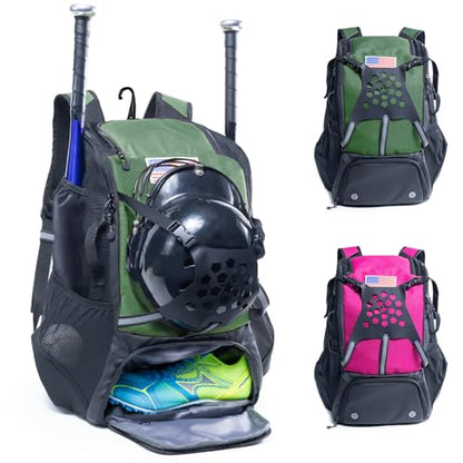 Baseball Backpack for Youth, Boys, Adults - Bat and Softball Equipment Bag With Glove Holder, Helmet, Shoes Compartment - T-Ball Accessories and Baseball Gifts - color: Hunter Green - 42L