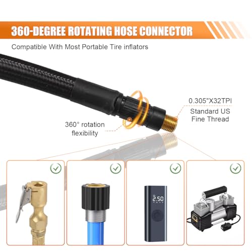 24.7" Tire Inflator Hose Adapter with 360° Rotating End, Tire Inflation Hose Lock on Air Chuck for Quick Connect & Release, Presta Valve Ball Needle, Portable Air Compressor, Tire Pump Hose