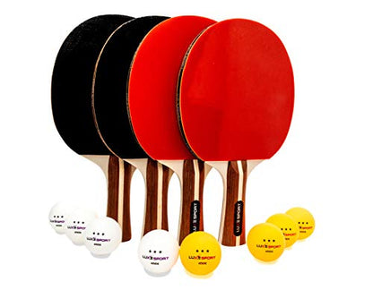 Ping Pong Paddle Set of 4 - Full Table Tennis Bundle inc. 4 Ping Pong Paddles, 8 Three Star Balls, Portable Storage Travel Bag/Case - Racket Set for 2 or 4 Players - Rec Indoor / Outdoor Games