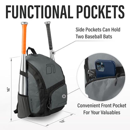 Tonesport Baseball Bag - Backpack for Baseball, Softball, Tball - Adults & Youth Bat Bag - color: Grey, style: Youth Baseball Backpack