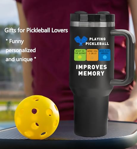 Pickleball Gifts for Pickleball Lovers, 40oz Pickleball Tumbler with Handle, Funny Christmas Gift Birthday Gifts for Pickleball Lovers, Pickleball Player, Pickleball Coach, Black