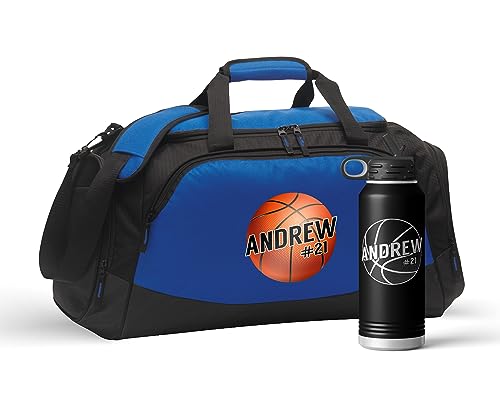 Personalized Basketball Duffel Bag Set Engraved Water Bottle | Coach Design Name Number Player Boys Girls Birthday Christmas - color: Blue/Black, size: Bag Only, style: Player