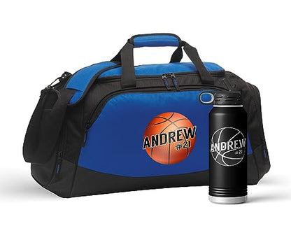 Personalized Basketball Duffel Bag Set Engraved Water Bottle | Coach Design Name Number Player Boys Girls Birthday Christmas - color: Blue/Black, size: Bag/Bottle Combo, style: Player