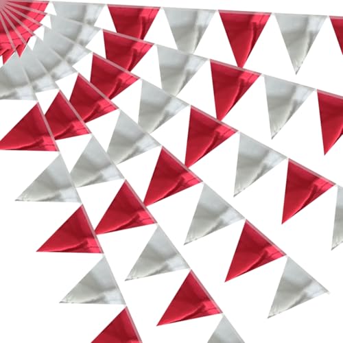 64ft Red Silver Triangle Pennant Banner Flag Metallic Paper Bunting Garland for Hanging Backdrop Birthday Party Decorations Graduation Bachelorette Bridal Wedding Baby Shower Party Supplies - color: Red Silver