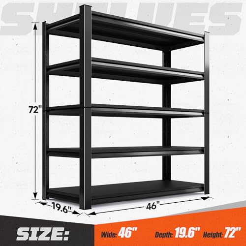 Garage Shelving, 5-Tier Garage Storage Shelves, 2000LBS Heavy Duty Shelves, 72" H x 46" W x 19.6" D Metal Shelving Unit, Utility Adjustable Storage Shelf for Warehouse, Basement, Closet - size: 72"H x 46"W x 19.6"D