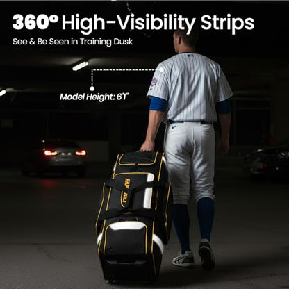 81L Rolling Baseball Bag with Wheels, Softball Catchers Gear Bags for 4 Bats (Fits Up To 34"), Separate Shoe Compartment, Safety Reflective Strip, Fence Hook, Foldable T-Bag for Youth & Adult - color: Black