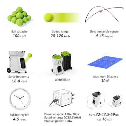 PT-SMARTPro Tennis Ball Machine - Professional Auto Ball Server with App for Apple Watch Control, 20 Landing Points & Variable Speed, Tennis Trainer with Multi-Angle System (4-6H Runtime) - color: White