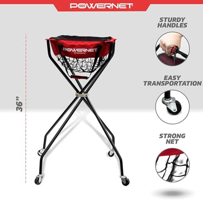 PowerNet Baseball Softball Portable Ball Caddy, Holds Bucket of Baseballs, Softballs, Tennis Balls, Use During Batting Practice Training and Drills - color: Red/Black, style: Wheeled Court Caddy