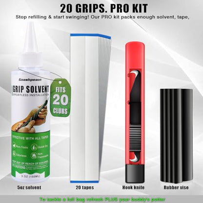 Regripping Fits 20 Golf Clubs Professional Golf Grip Kit, Inlcudes 5 oz Solvent and 20 Double Coated Tapes, Hook Knife, Rubber Vise Clamp