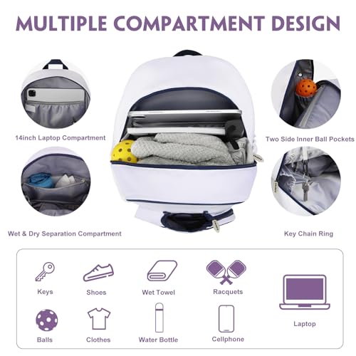 Pickleball Bags, 30L Deluxe Waterproof Pickleball Backpack with Shoe Compartment for Men Women Pickle Ball Gift Accessories for Pickball Lovers (White) - color: White