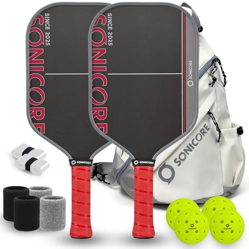 Pickleball Paddle Set, T700 Carbon Fiber, 16mm Core for Control & Spin, Includes 1 Paddle, Paddle Sleeve Cover, 2 Wristbands & 1 Grip Tape | Sonicore CourtVibe - color: Turbo Red | Set of 2