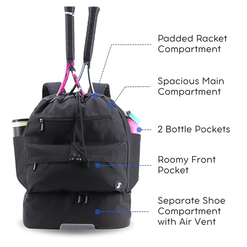 J World Ace 2 Racket Tennis Backpack for Women Men. Badminton Squash Pickleball Bag. Kids Sports Gym Bag w/Shoe Compartment - color: Black