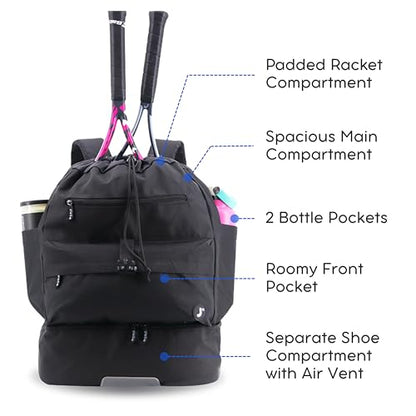 J World Ace 2 Racket Tennis Backpack for Women Men. Badminton Squash Pickleball Bag. Kids Sports Gym Bag w/Shoe Compartment - color: Black