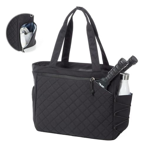 Pickleball Bag Fits 2 to 6 Paddles, Quilted Pickle ball Tote Bags for Women and Men with Shoe Compartment and Fence Hook, Great Pickleball Gifts - color: Black