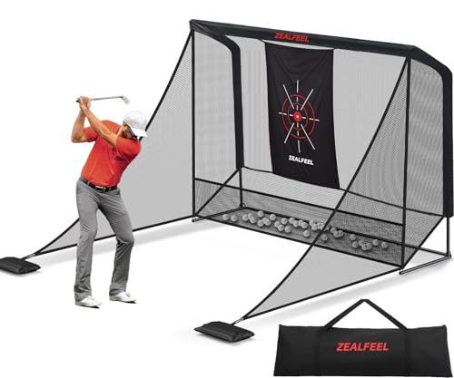 Zealfeel Golf Net, 10x7ft/8x8ft/11x8ft Golf Enclosure Net with Side Barriers/Auto-Ball Return, Low-Noise Target, Carry Bag, 4 Stakes, Hitting Practice Net for Backyard Driving Chipping Indoor Outdoor