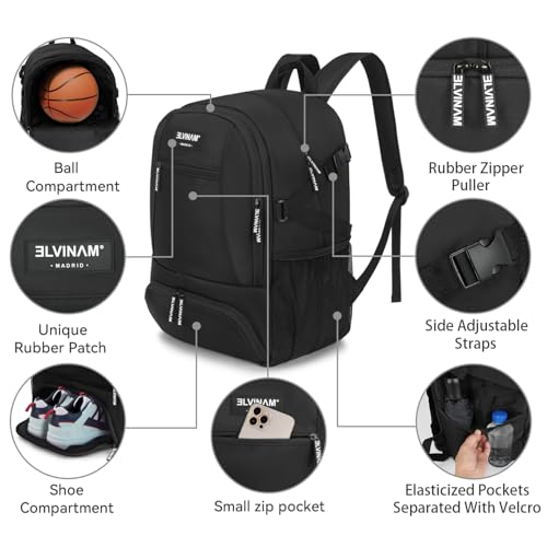 Basketball Backpack with Ball Holder & Shoe Compartment, Large Sports Bag for Men Women, Water Resistant Gym Backpack for Soccer, Football, Volleyball – Black