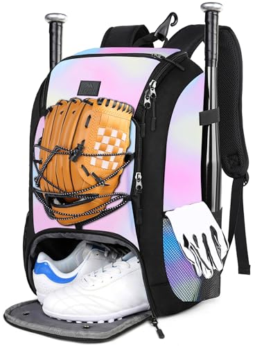 MATEIN Baseball Backpack, Softball Bat Bag with Shoes Compartment for Youth, Boys and Adult, Lightweight Baseball Bag with Fence Hook Hold TBall Bat, Batting Mitten, Helmet, Caps, Teeball Gear - color: Tie Dye, size: 29L