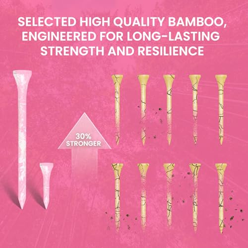 Golf Tees Styllish Bamboo Wooden Coloured Painted 50 Pack, 2 3/4 or 3 1/4 Inch Tee with 10 More Short 1 1/2 Inch Driving Range Tees, Enhanced Visibility Pink Green for Men Women