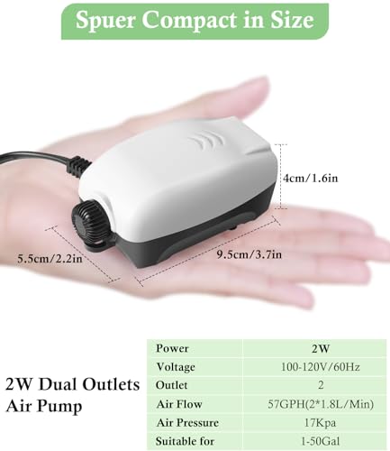 2W Nano Whisper Aquarium Air Pump, 57GPH Adjustable Dual Outlet Fish Tank Oxygen Pump, Aquarium Aerator for 1-50 Gallon Fish Tanks - style: 2W-57GPH