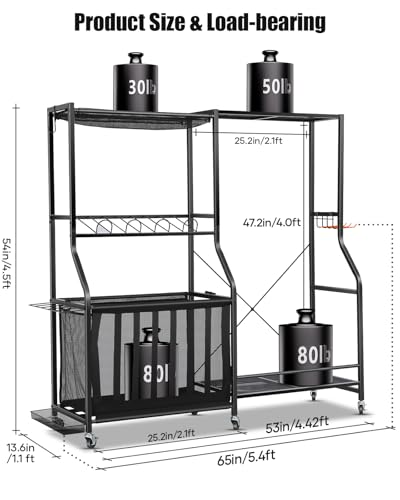 EXTCCT Garage Sports Equipment Organizer with Wheels - Golf Bag Storage Rack and Ball Storage Bins, Heavy Duty Rolling Garage Organizer System with Basket and Hooks for Indoor (Black-Large)