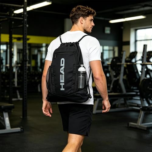 HEAD Men's Drawstring Backpack with Shoe & Phone Pocket,Structured Sports Gym Sack with Bottle Holders for Basketball, Workout, Tennis, Swimming, Travel,Training - color: Black