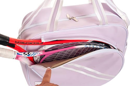 Remobia Hicol Purple PU Leather Women Large Sports Handbag Tennis Racket Shoulder Bag Tennis Tote Bag for 2 Rackets, with Water Bottle Holder
