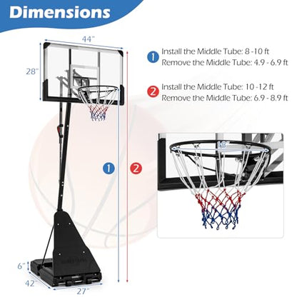GYMAX Basketball Hoop, 4.9-10 FT Height Adjustable Basketball Goal with 44 Inch PC Backboard, Rebound Plate & Wheels for Kids Teens Adults, Portable Basketball Hoop for Indoor & Outdoor