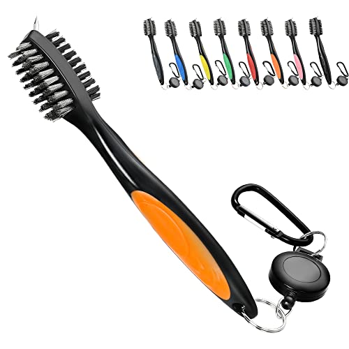 Mile High Life Golf Club Brush, Club Groove Cleaner with 2 Ft Retractable Extension Cord and Aluminum Carabiner, Golf Bag Accessories for Men and Women - color: Orange